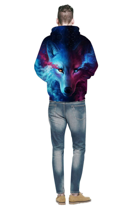 3D Digital Printing Hoodie Men Hoodie Men's Sweater showcasing a colorful wolf design on the back, perfect for unique style.