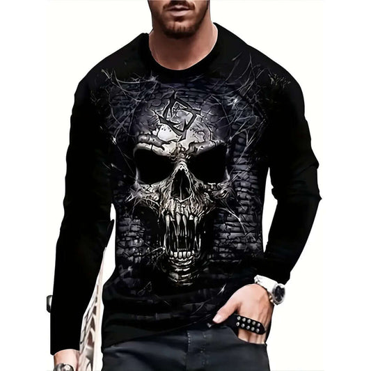 Retro Men's T-shirt 3D Printed Street Hip-hop Loose Crew Neck Casual Long Sleeve featuring a skull design.