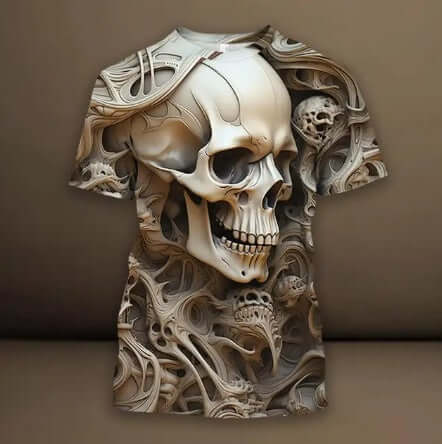 Men's 3D Skull Pattern European Hip Hop Trendy 3D Printed T-shirt with striking skull design.