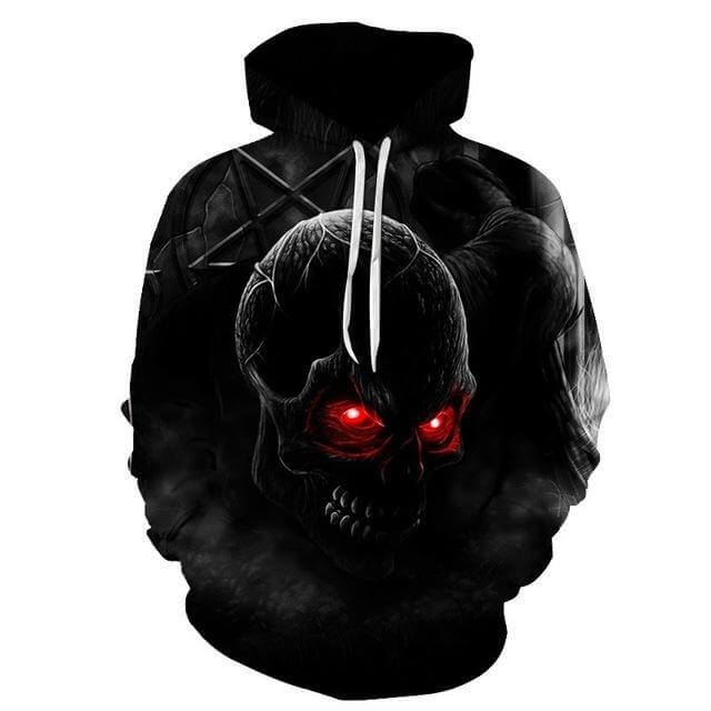 Red Eye Glow Hoodie featuring a striking skull design with glowing red eyes, perfect for casual fashion.