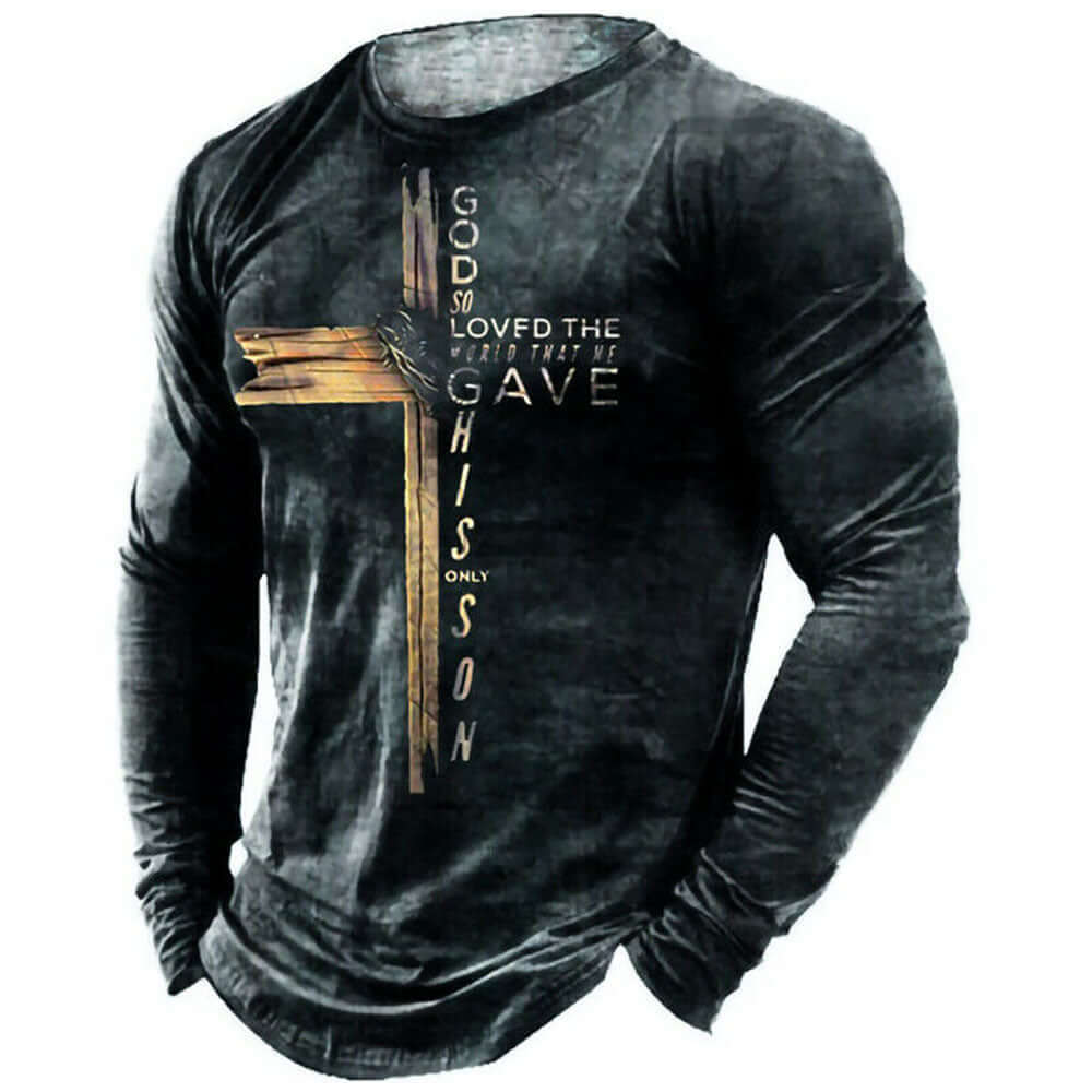 Retro Men's T-shirt 3D Printed Street Hip-hop Loose Crew Neck Casual Long Sleeve with cross graphic design.