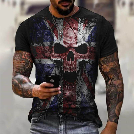 Summer New 3D Printing Fashion Boys' Short Sleeve T-shirt featuring a bold skull design and Union Jack colors.