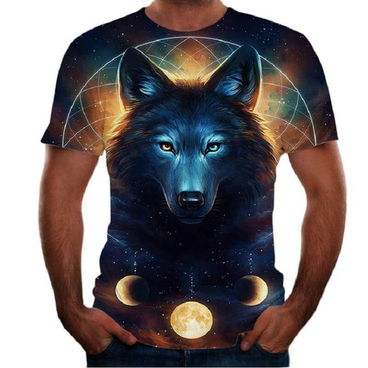 New Animal Print 3d T-shirt Men's Short Sleeve featuring a wolf design with cosmic elements