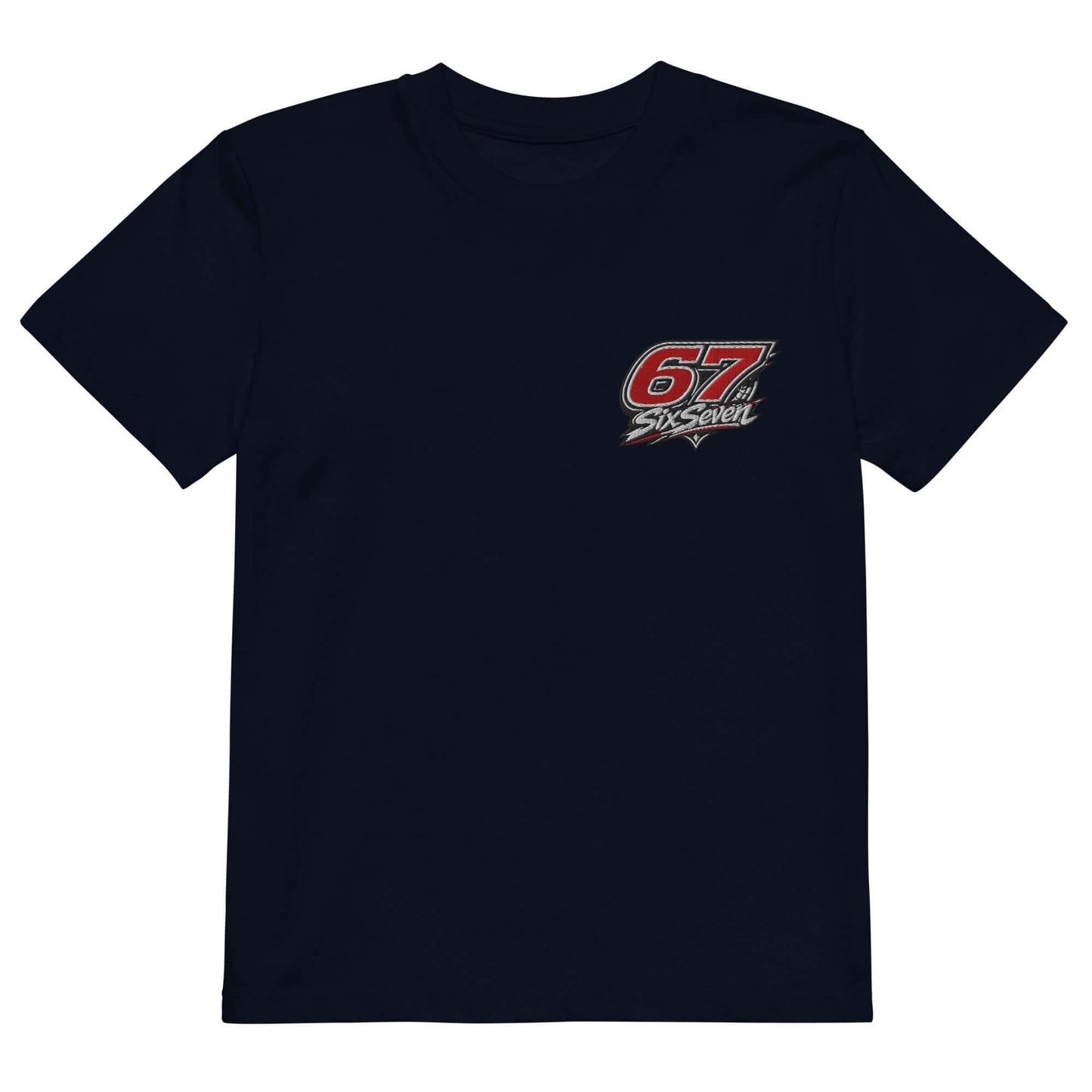 Organic cotton kids t-shirt in navy blue with 67 logo design on the front.