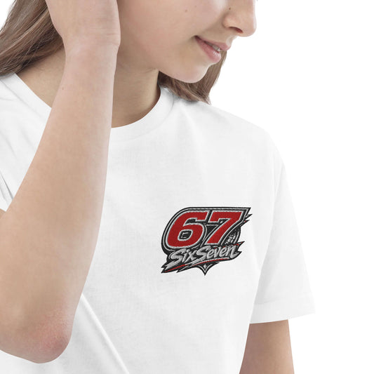 Organic cotton kids t-shirt featuring a stylish 67 SixSeven graphic on a white background.