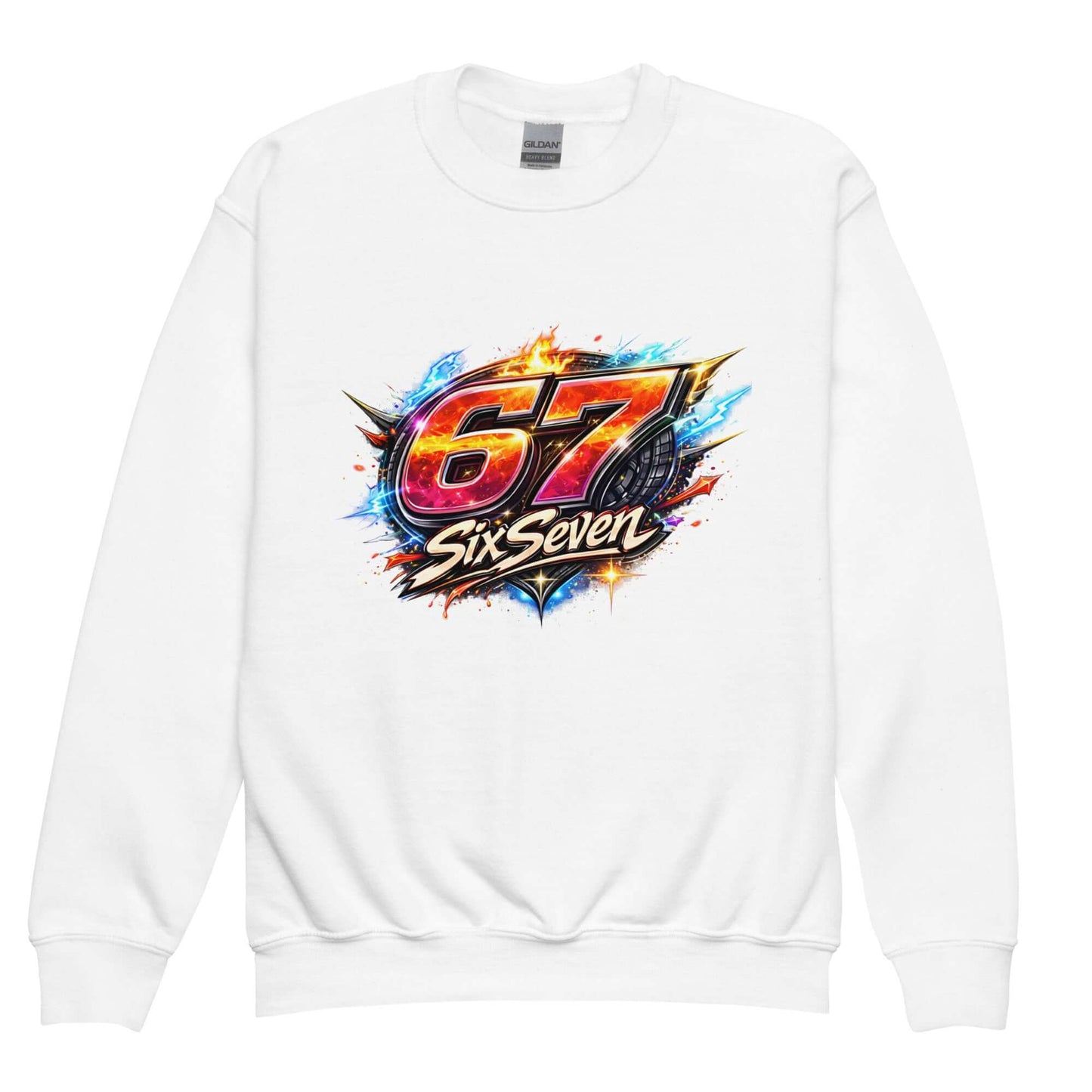 Youth crewneck sweatshirt featuring vibrant graphic design with the numbers 67 and Six Seven on a white background.
