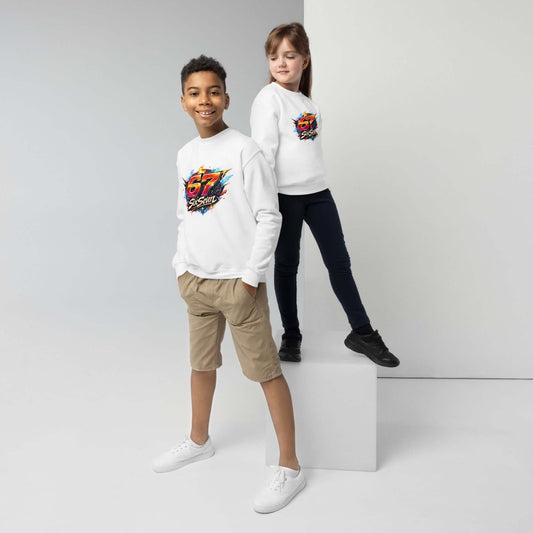 Youth crewneck sweatshirt worn by kids, showcasing a cozy design perfect for adventures and casual wear.