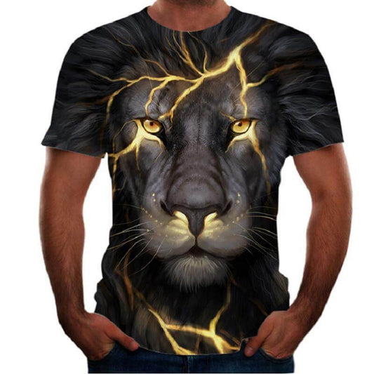 New Animal Print 3d T-shirt Men's Short Sleeve featuring a striking lion design with lightning effects.