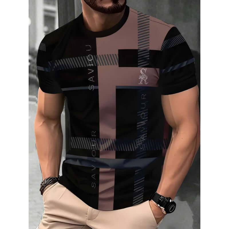Men's Short-sleeved T-shirt Business Casual Series Digital 3D Printing in black and brown design.