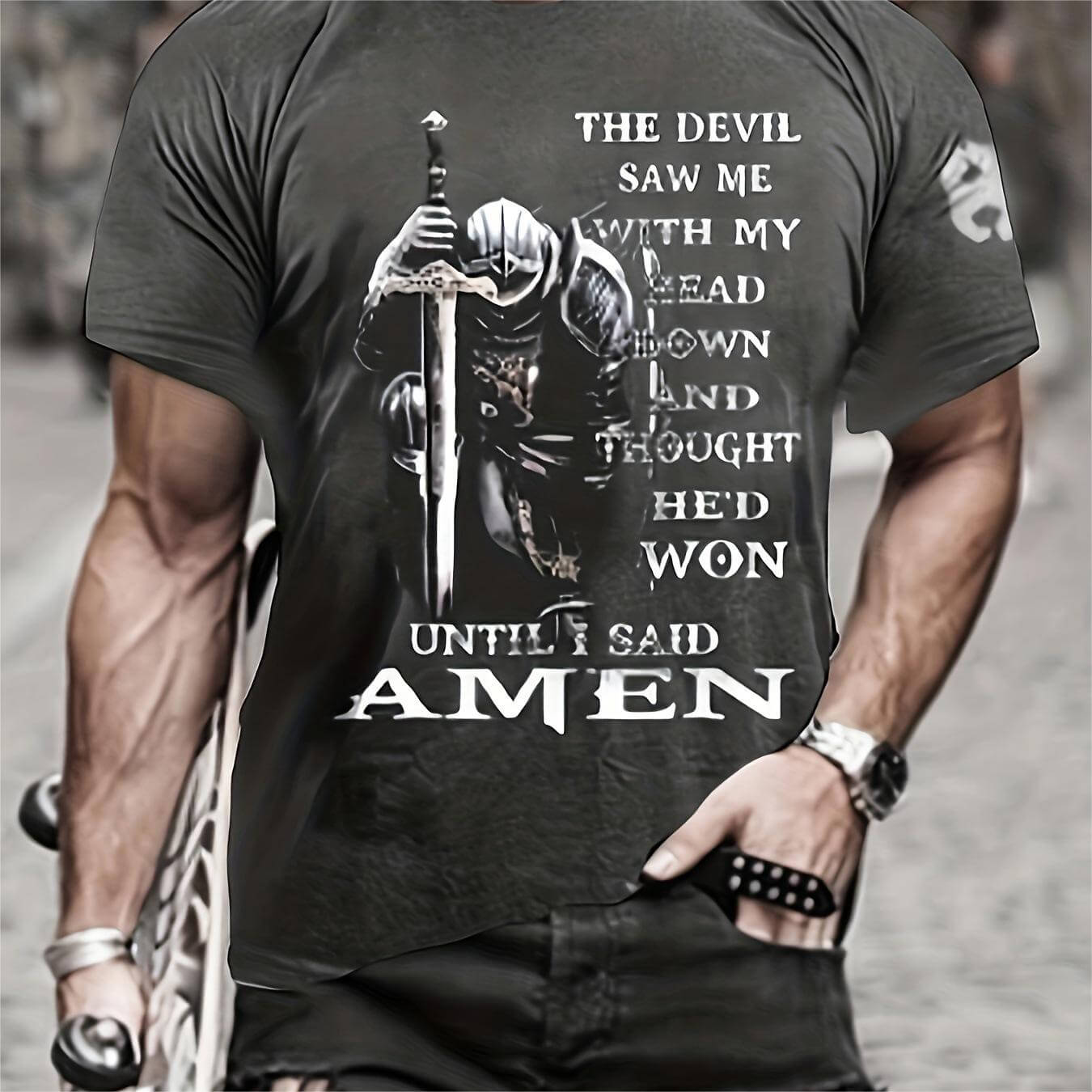 3D printed summer T-shirt for men - Casual Breathable Short Sleeve Top featuring a graphic with a knight and inspirational text.