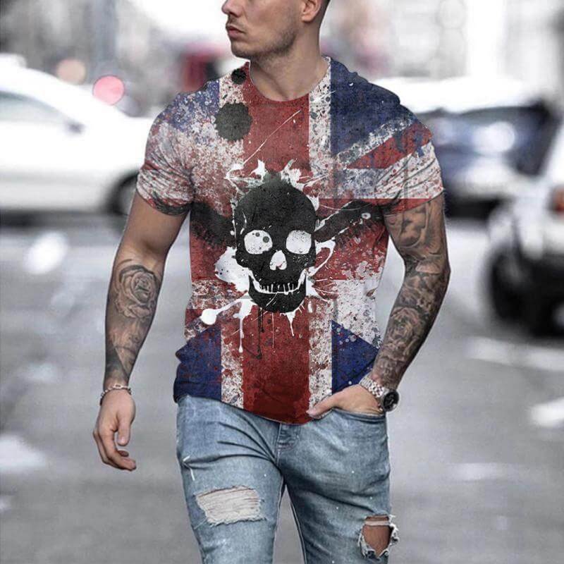 New Men's Printed 3D T-shirt Short Sleeve featuring a bold skull design on a Union Jack background.