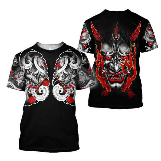 3D samurai printed t-shirt featuring bold graphics and a loose fit, ideal for teenagers, perfect for spring wear.
