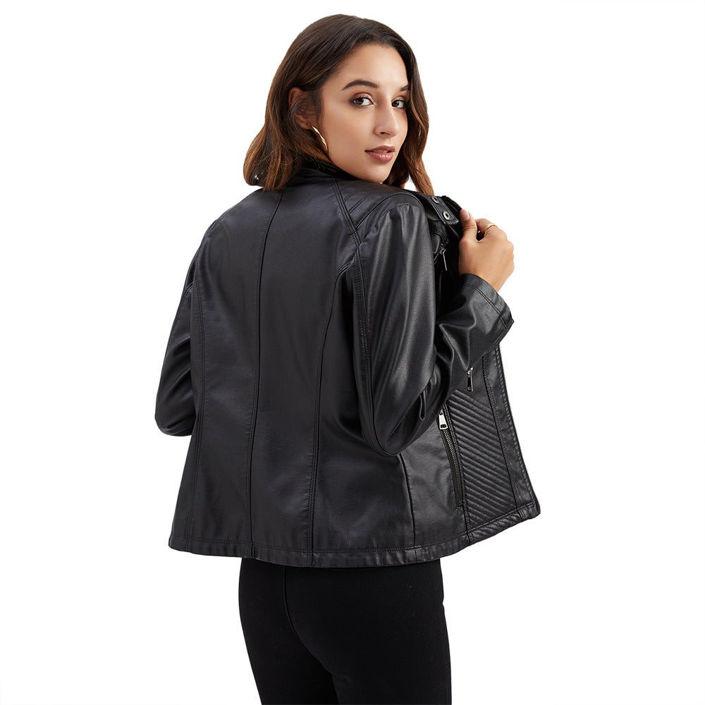Women's Casual Leather Clothing Stand Collar Jacket