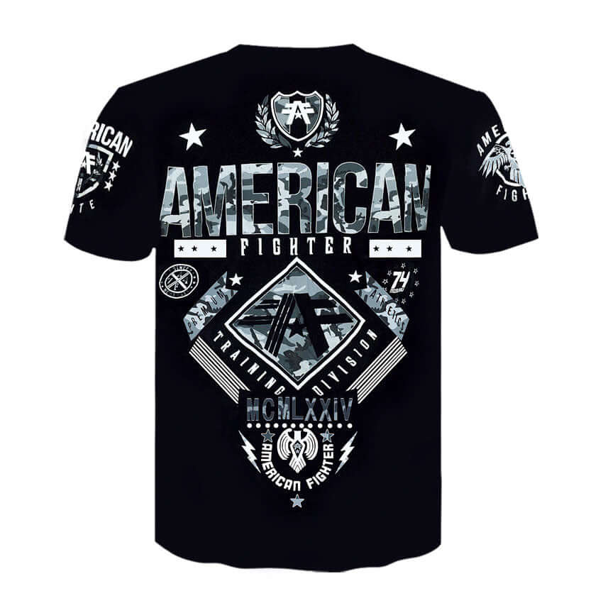 Men's vintage Harajuku shirts featuring an American Fighter graphic on a black background.