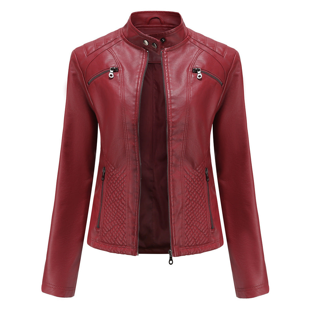 Women's Casual Leather Clothing Stand Collar Jacket