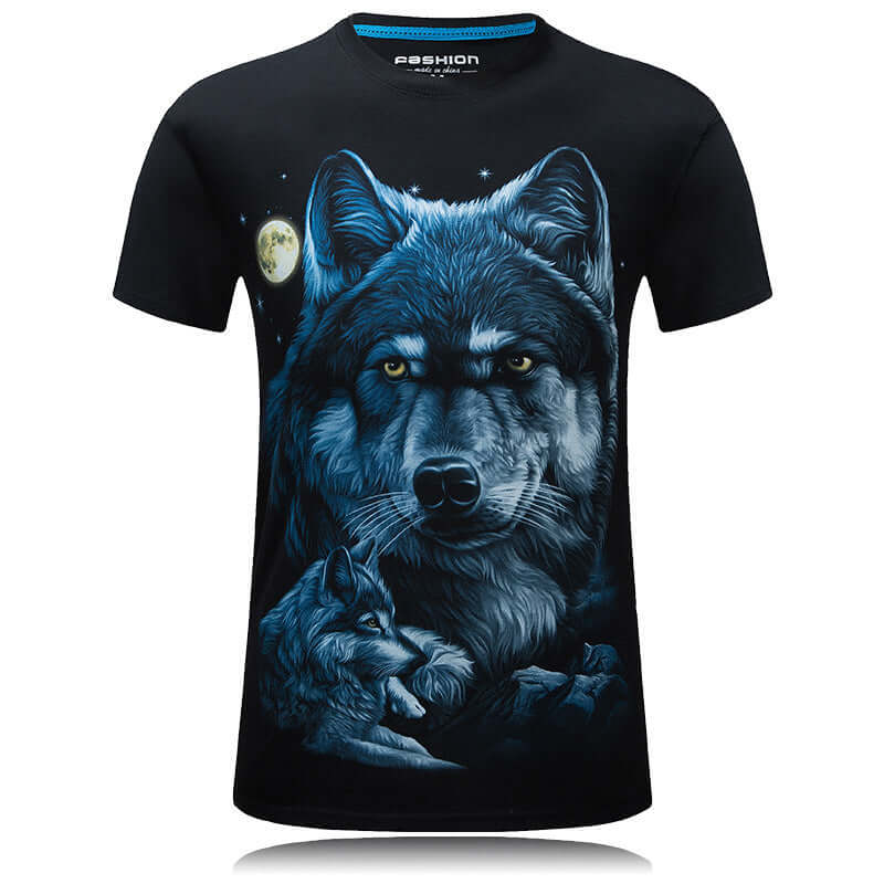 Wolf design 3D t-shirt featuring a detailed wolf graphic on a black cotton fabric.