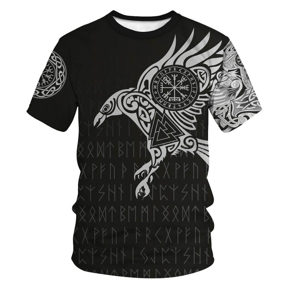 Men's vintage Harajuku shirts featuring a black short sleeve with an intricate bird and symbol print.