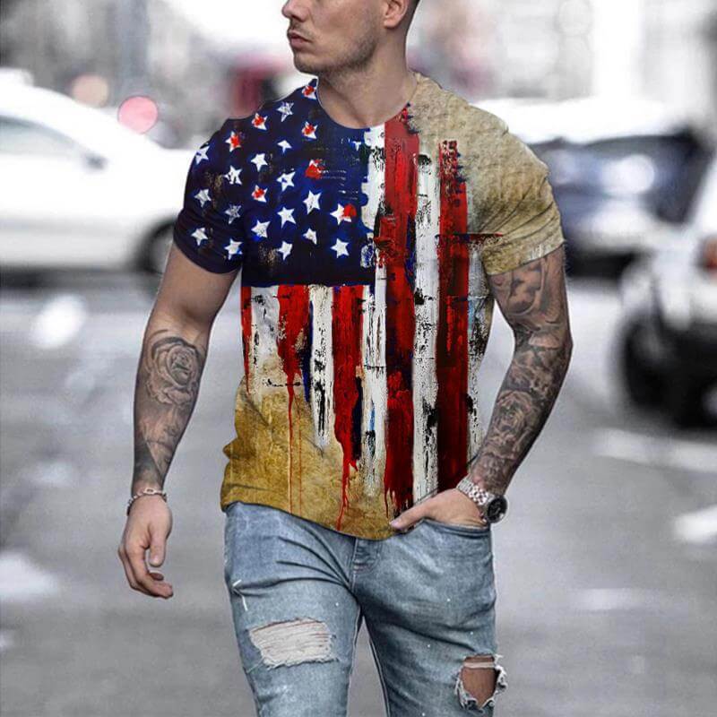 New Men's Printed 3D T-shirt Short Sleeve featuring an American flag design for summer style.