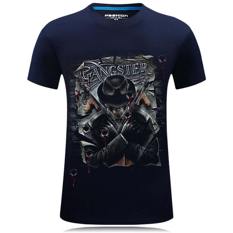 Hot selling 3D Design Tshirt featuring a gangster graphic print on a navy blue shirt.