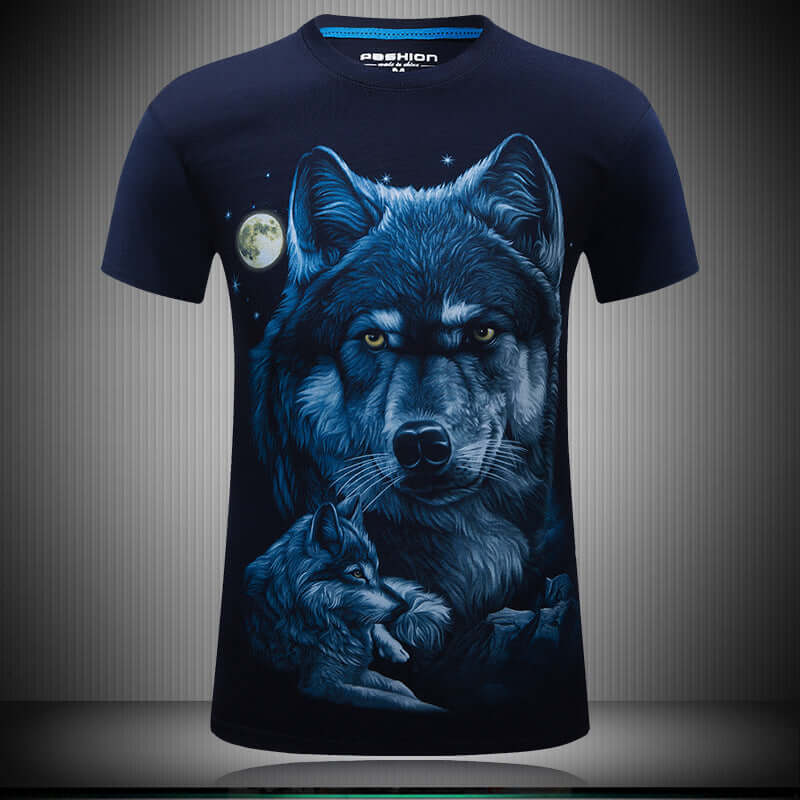 Wolf design 3D t-shirt featuring a striking wolf graphic against a starry night background.