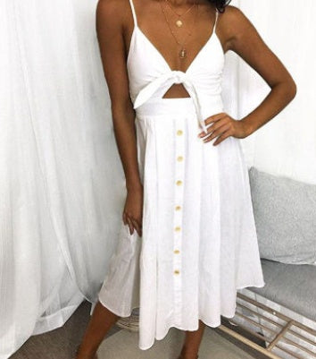 Summer Sleeveless Midi Dress Backless Tie Front