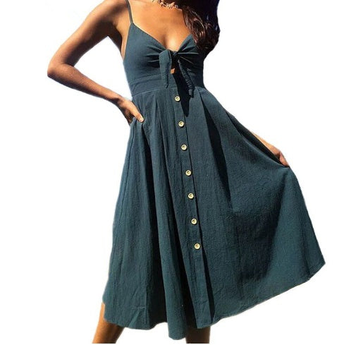 Summer Sleeveless Midi Dress Backless Tie Front