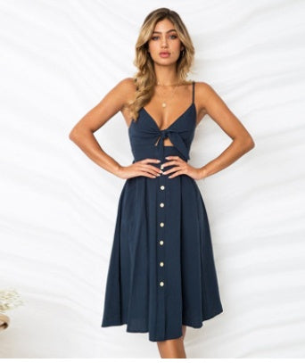 Summer Sleeveless Midi Dress Backless Tie Front