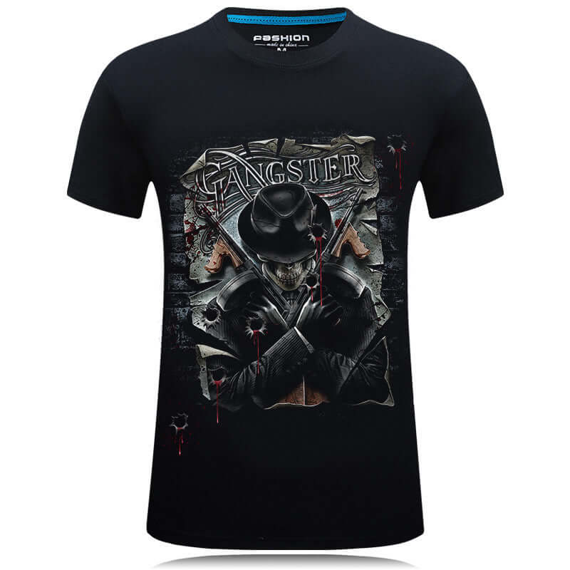 3D design t-shirt featuring a gangster graphic on a black cotton short sleeve shirt.