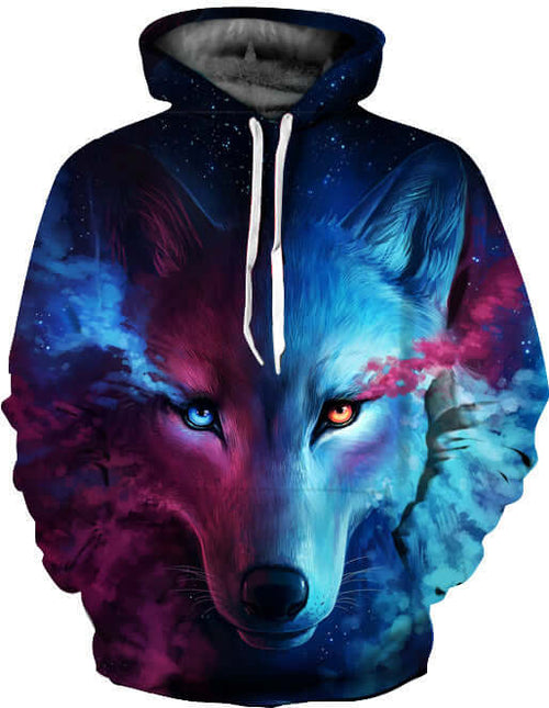 3D digital printing hoodie featuring a vivid wolf design with blue and orange accents in a cosmic background.