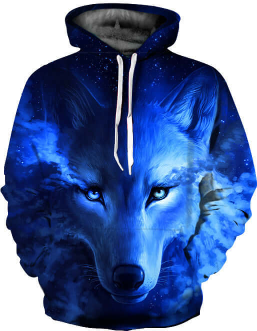 3D digital printing hoodie featuring an artistic wolf design in blue tones, ideal for streetwear.
