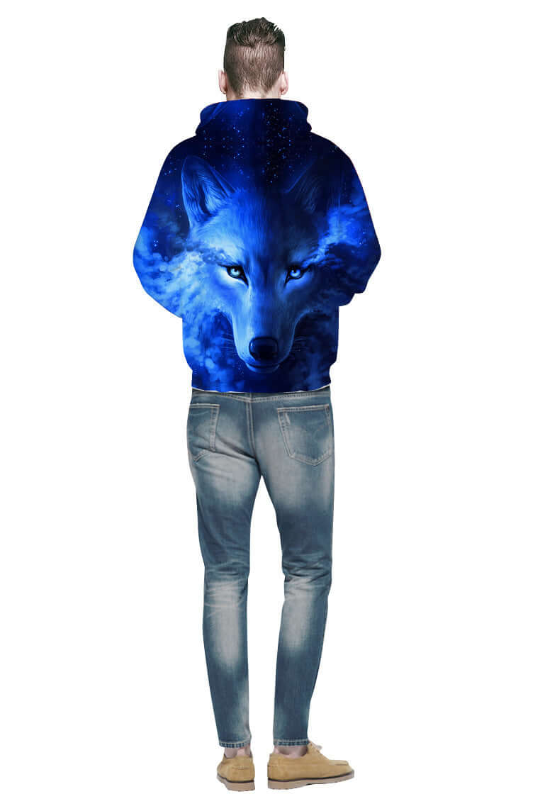 3D digital printing hoodie featuring a striking wolf design in blue tones on the back.