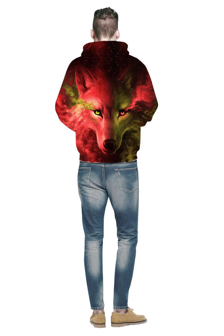 3D Digital Printing Hoodie Men Hoodie Men's Sweater featuring a striking red wolf design on the back in a loose fit.