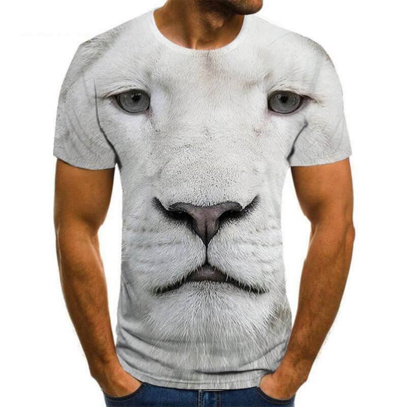 New Animal Print 3d T-shirt Men's Short Sleeve featuring a lion face design on a men's casual T-shirt.