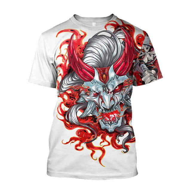 3D samurai printed t-shirt featuring a vibrant red and white design with a fierce samurai mask.