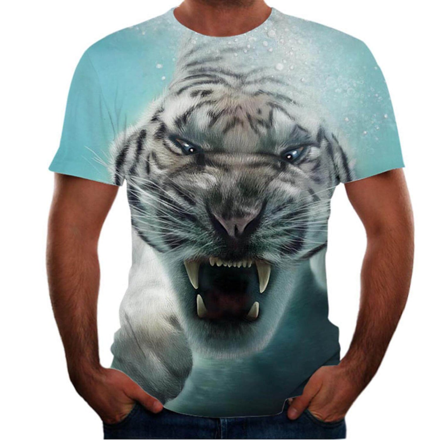 New Animal Print 3d T-shirt Men's Short Sleeve featuring a fierce white tiger design.
