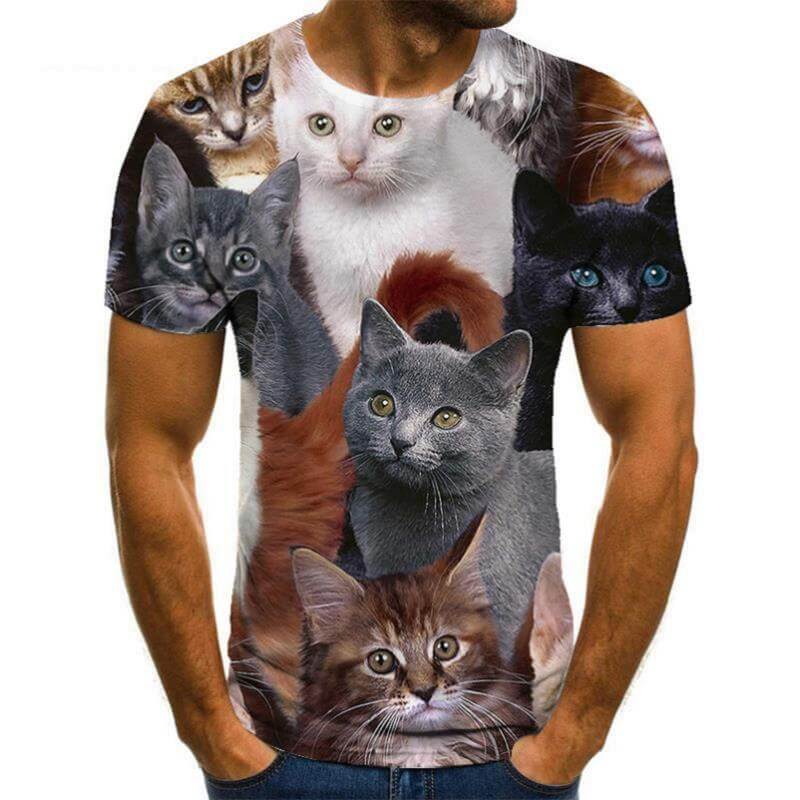 Animal print 3d t-shirt for men featuring various cat faces in a colorful design.