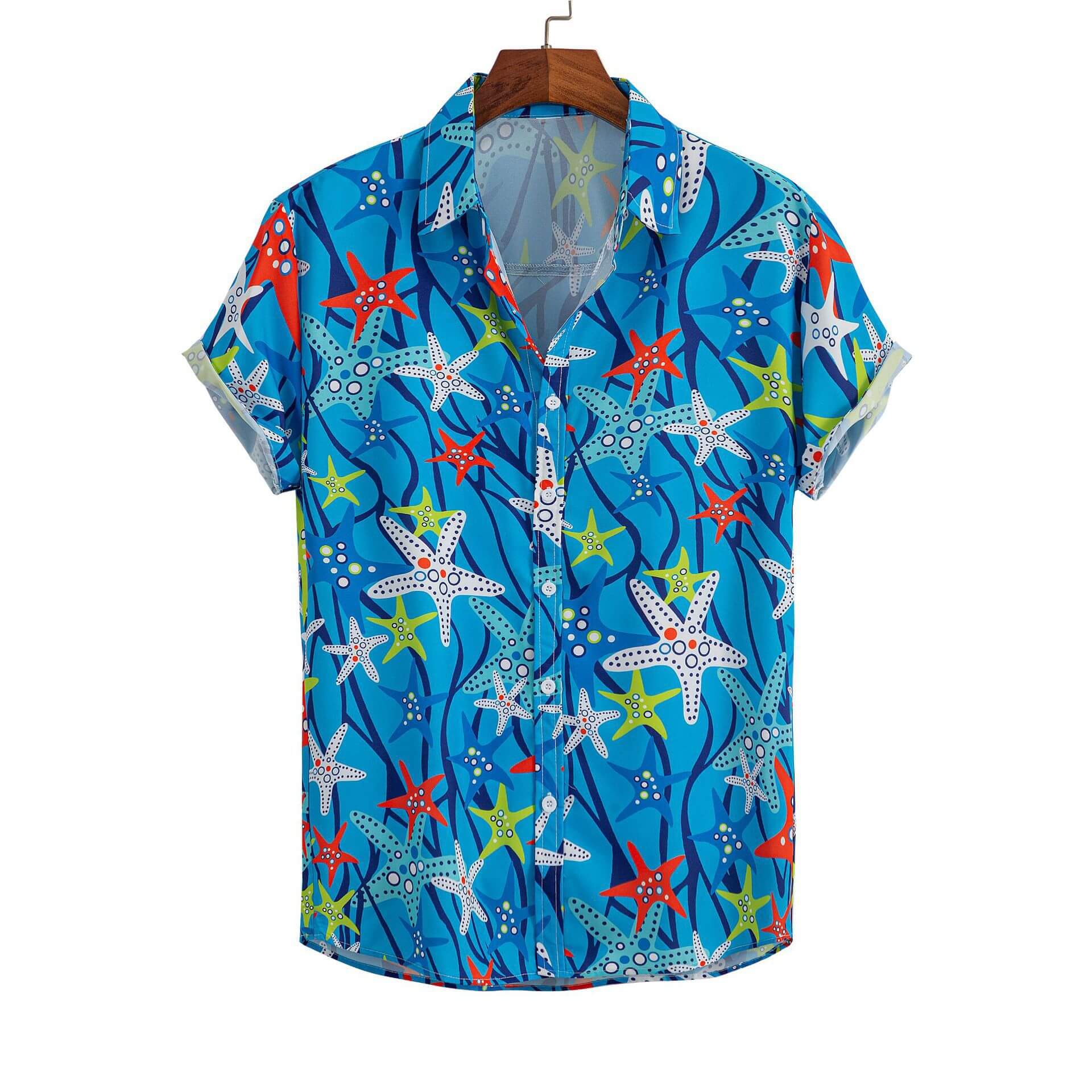 3D printed Hawaiian cardigan shirt with vibrant starfish design on blue background for men's short-sleeved fashion