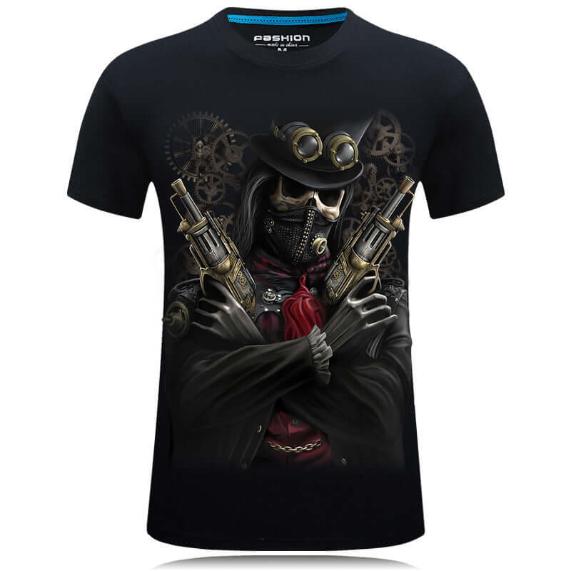 3D design t-shirt featuring a stylish dark character with guns in a striking graphic design.