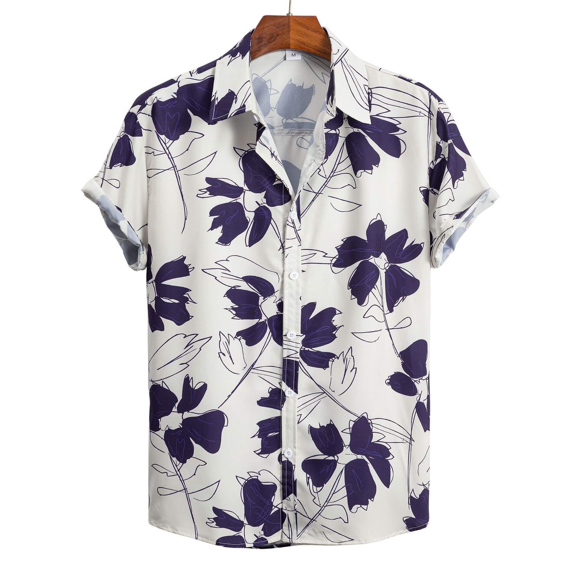 3D printed Hawaiian cardigan shirt featuring purple floral design on a short-sleeved shirt.