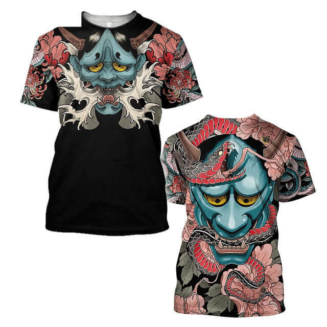 3D Men's T-shirt Samurai Printed T-shirt Loose Round Neck featuring vibrant samurai and snake designs.
