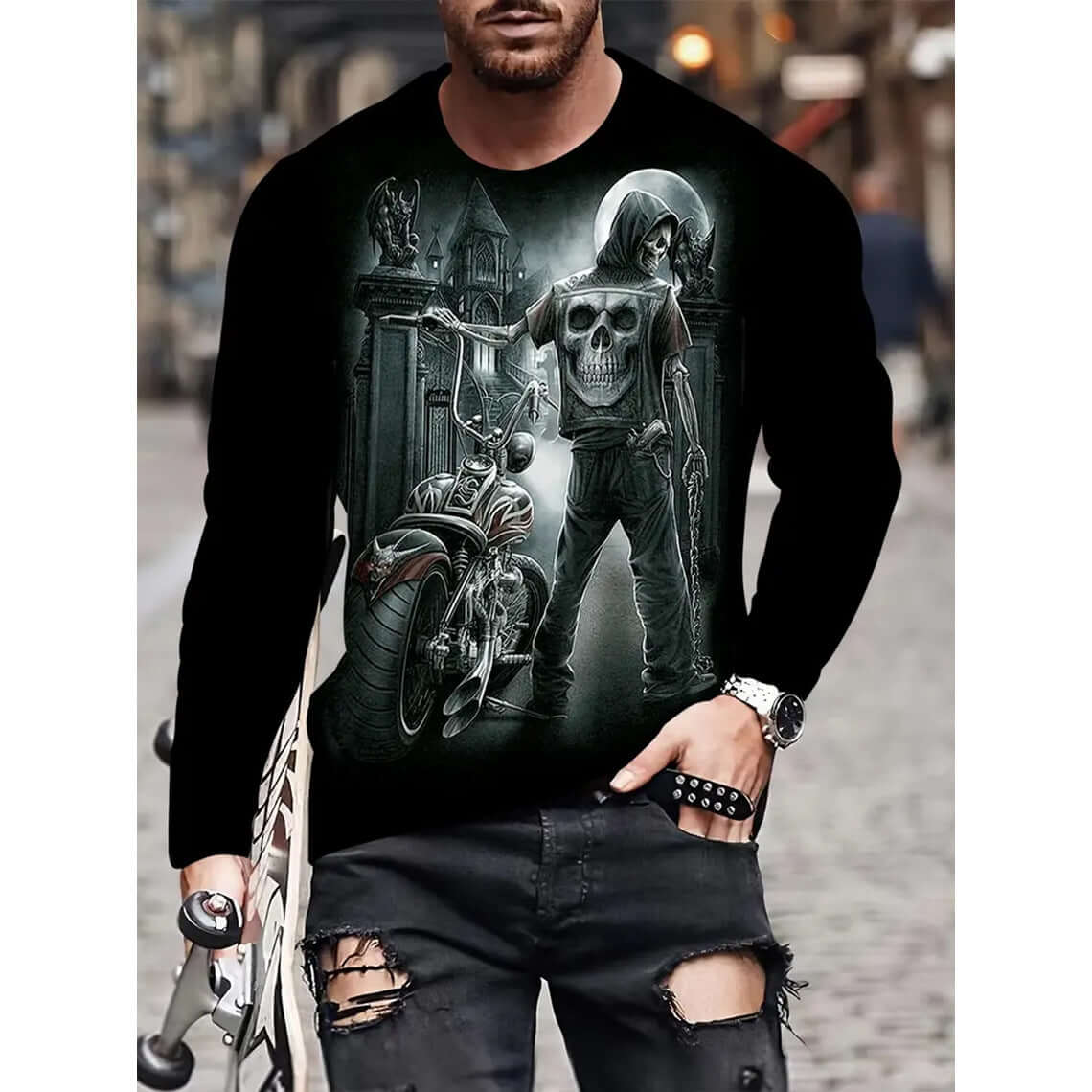 3D printed streetwear t-shirt featuring a skull and motorcycle design on a casual long sleeve for men.