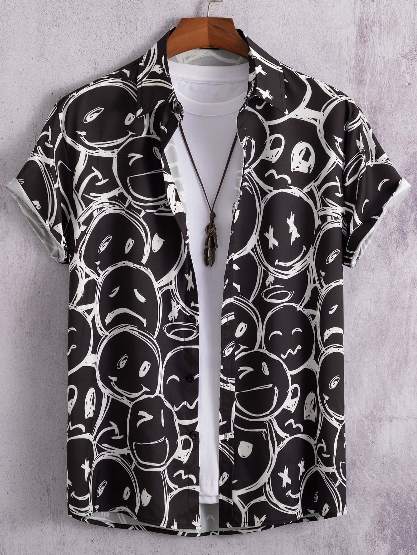 3D printed Hawaiian cardigan shirt with playful black and white graphic print, perfect for men's short-sleeved stylish wear.