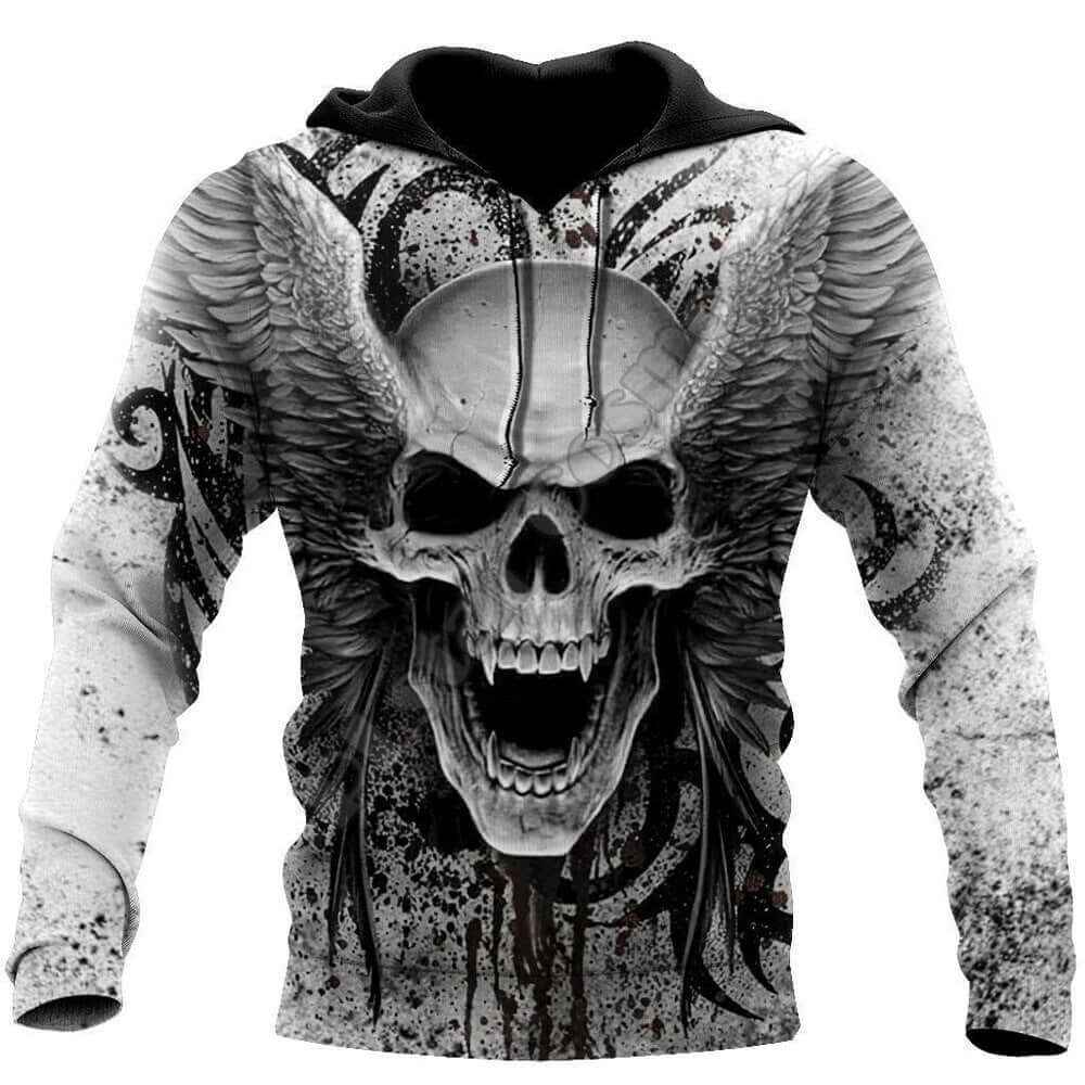3D printed men's hoodie featuring a skull design with wings and artistic prints, perfect for stylish male wear.