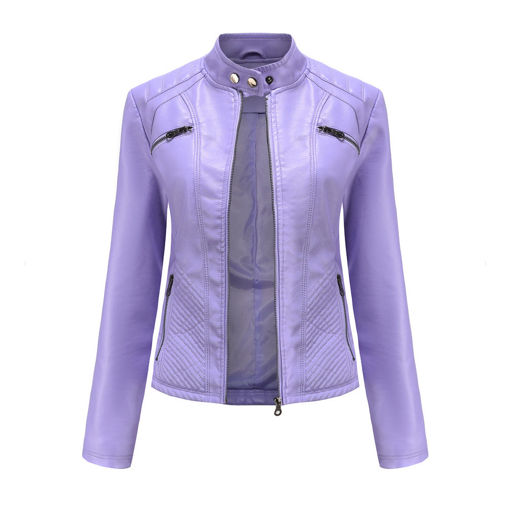 Women's Casual Leather Clothing Stand Collar Jacket