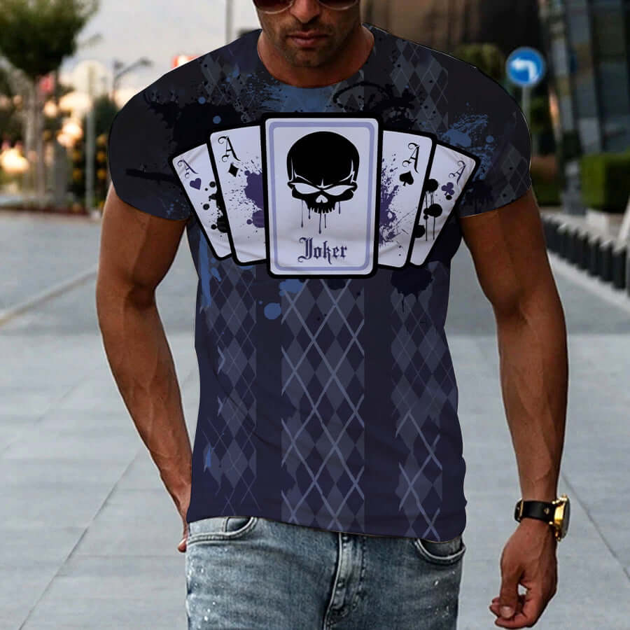 3D printed men's t-shirt featuring joker playing cards design in stylish gray and blue.