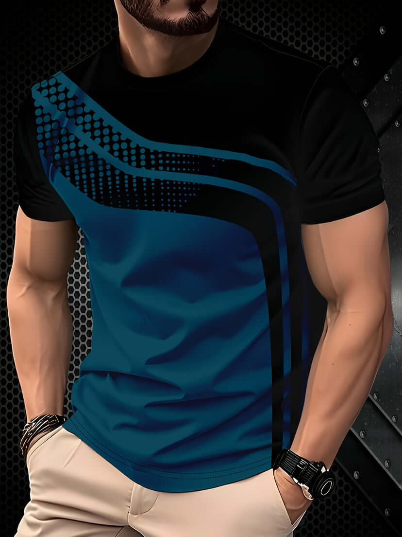 Men's Short-sleeved T-shirt Business Casual Series Digital 3D Printing in blue and black design worn by a model.