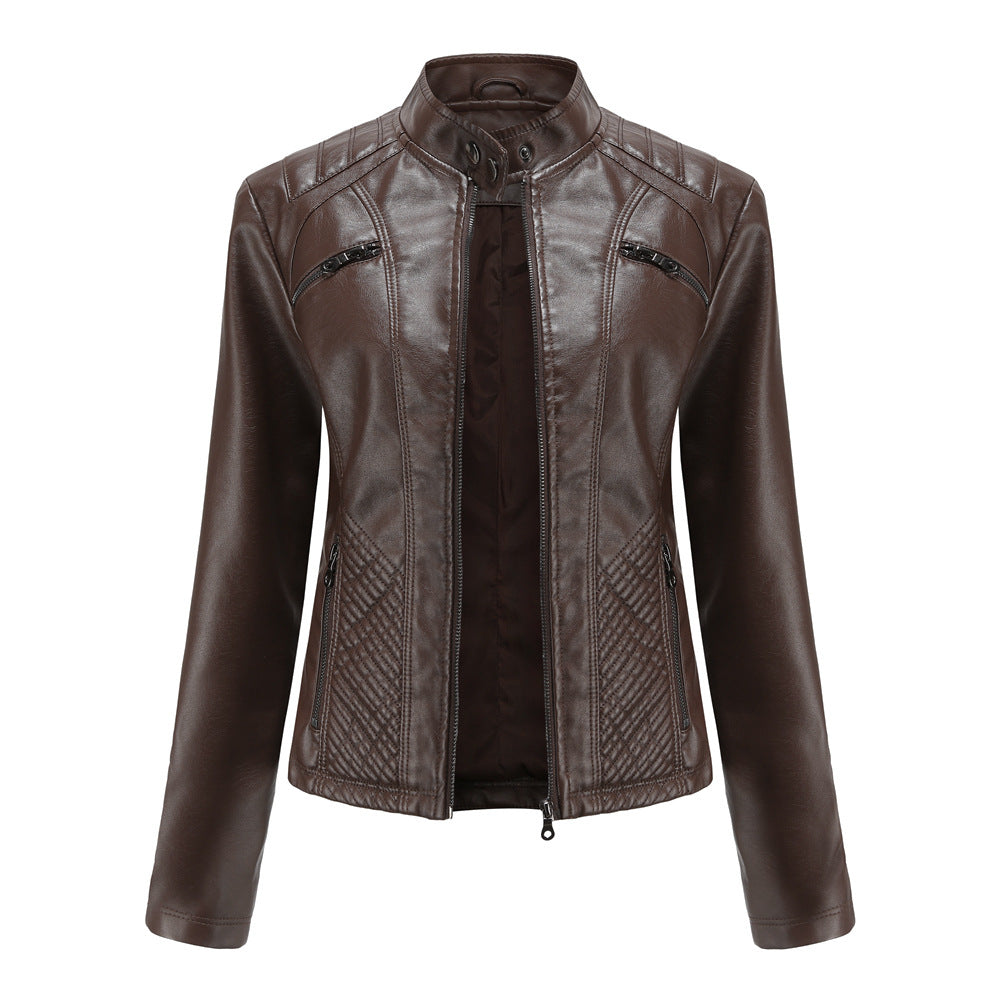 Women's Casual Leather Clothing Stand Collar Jacket