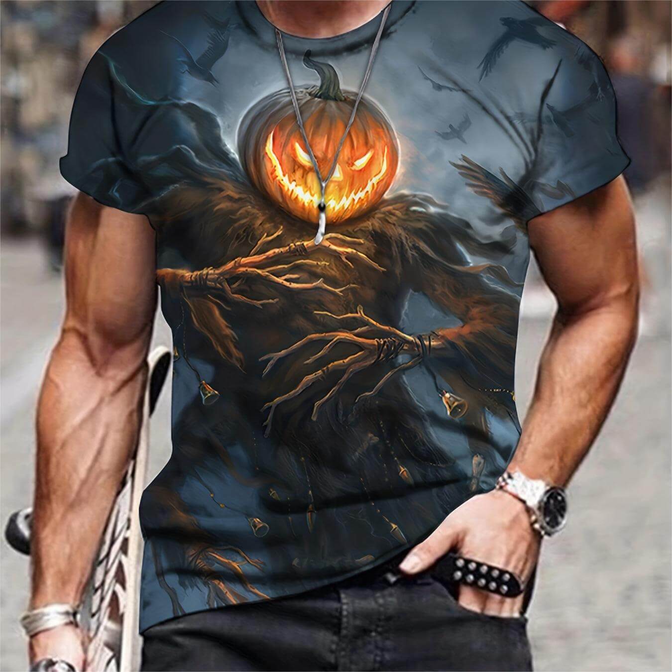3D printed summer T-shirt for men featuring a striking pumpkin scarecrow design, perfect for casual wear.