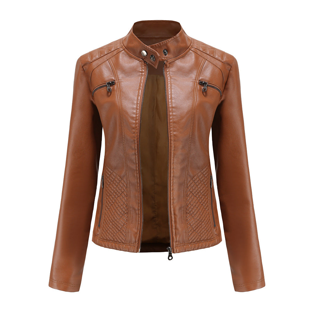 Women's Casual Leather Clothing Stand Collar Jacket