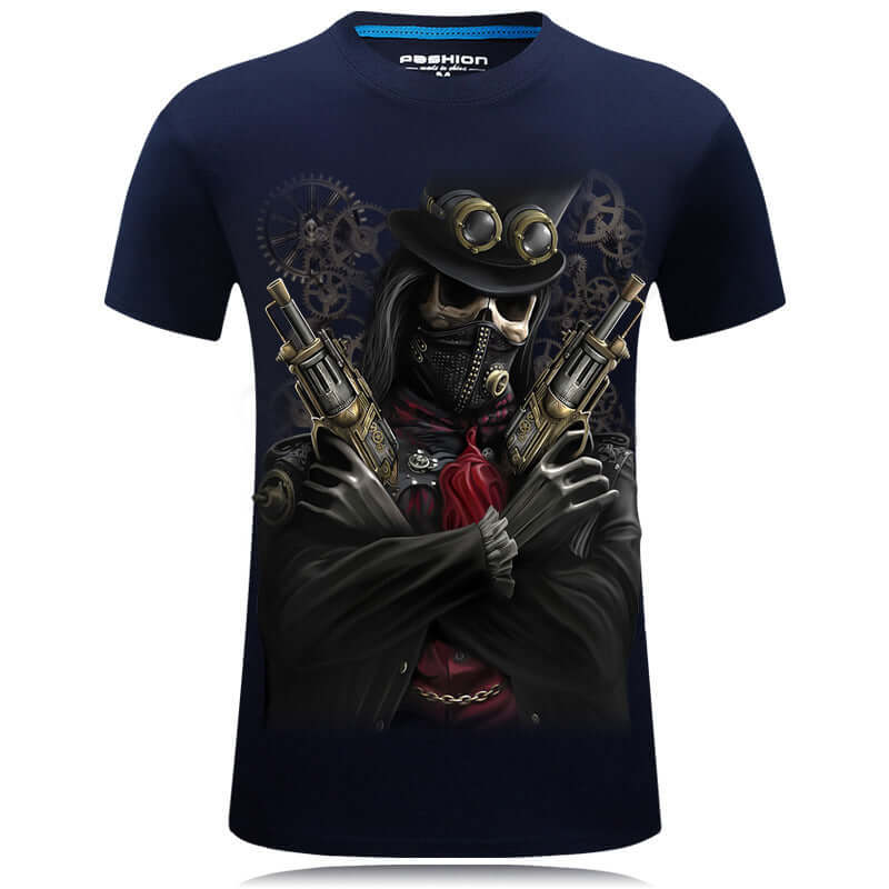 3D design t-shirt featuring a graphic of a masked figure with guns, stylish navy blue cotton fabric.